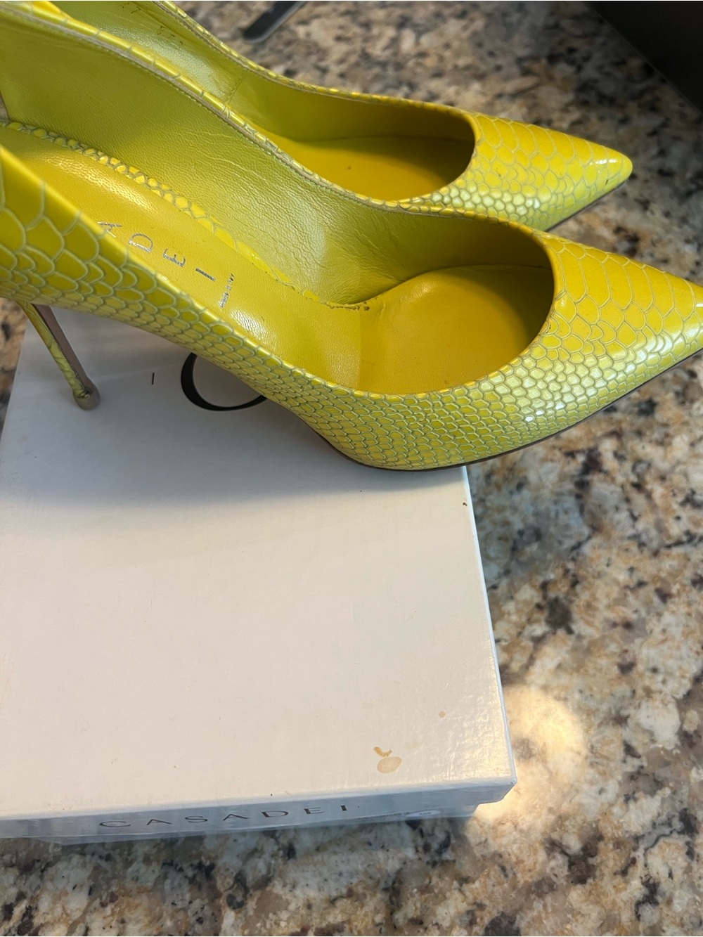 Casadei Yellow Snakeskin Pointed Stiletto Pumps